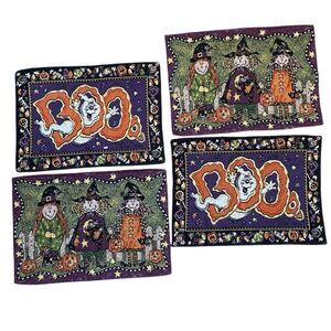 Vintage Halloween Woven Placemats Tapestry Set Pumpkins Witches 90s Cottagecore